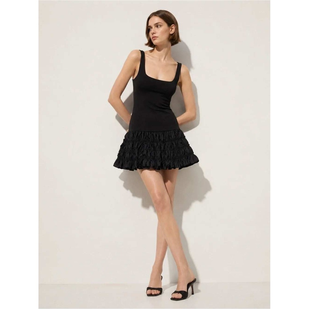 Zara Black Ribbed Tiered Ruffle Mini Dress Sleeveless Scoop Neck 4174/801/800 S